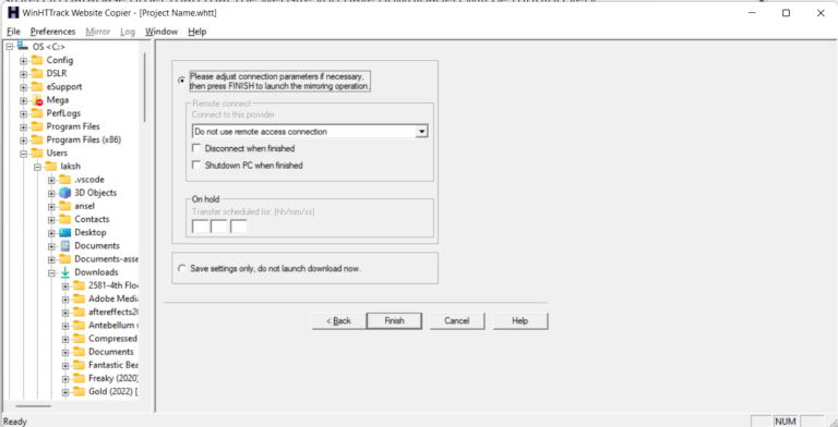 image showing connection settings in httrack