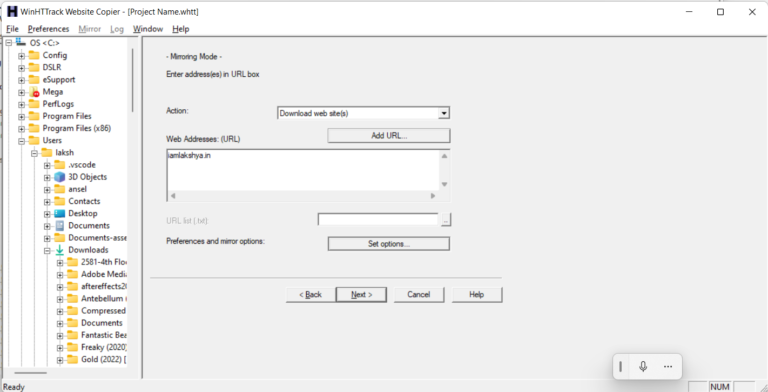 image showing insert url page in httrack